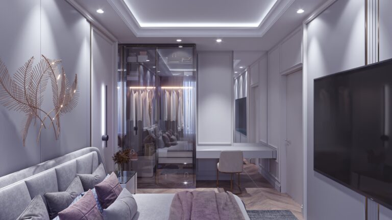 Дизайн спальни с прозрачным шкафом и туалетным столиком