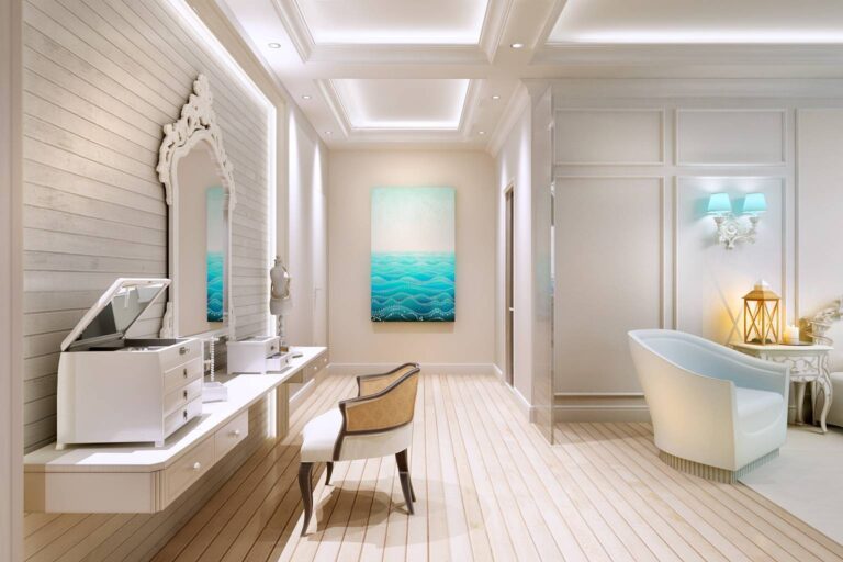 Белоснежные стены и потолок с подсветкой в оформлении спальни