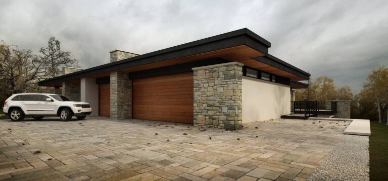 Светлая отделка и природный камень в фасаде гаража