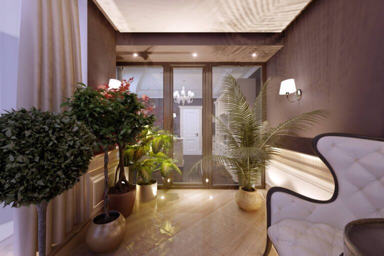 Фото зимнего сада со светлыми мебелью и потолком