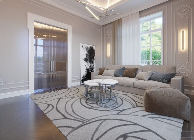 Дизайн гостиной в двойными стеклянными дверями