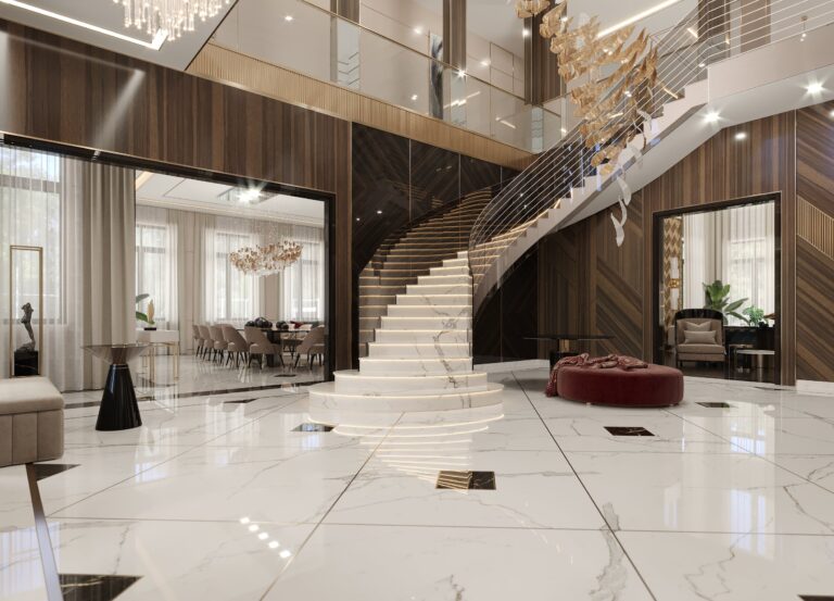 Бежевый дизайн холла с большим красным пуфом