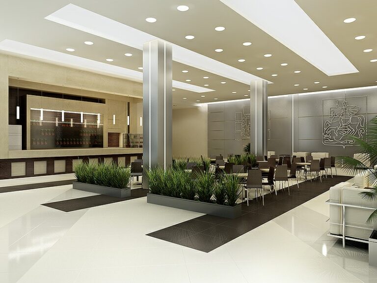 Интерьер офисного здания с большим кафе