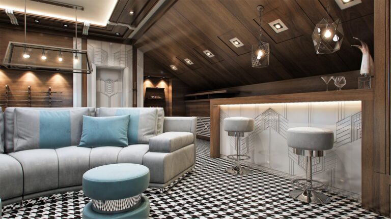 Обстановка зоны отдыха с барной стойкой и светло-серыми табуретами