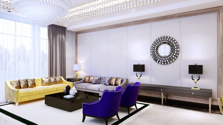 Интерьер гостиной с зеркалом-солнцем и 2-я диванами – желтым и серым