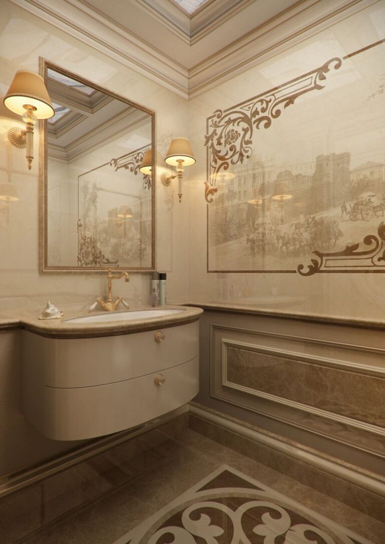 Дизайн туалета с полупрозрачными городскими пейзажами на стенах