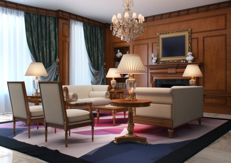 Интерьер гостиной с резной рамой для тв-панели