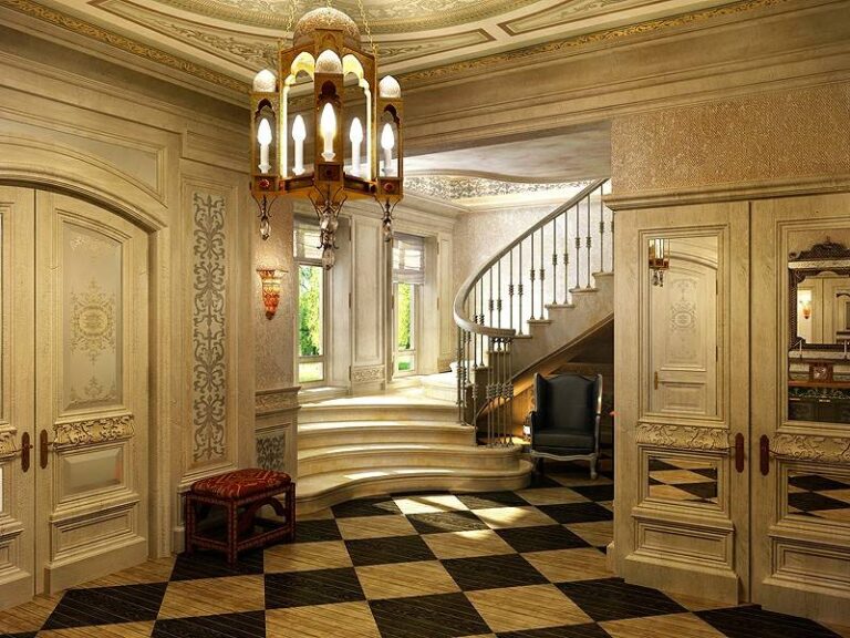 Светлый интерьер холла с узором из квадратов на полу