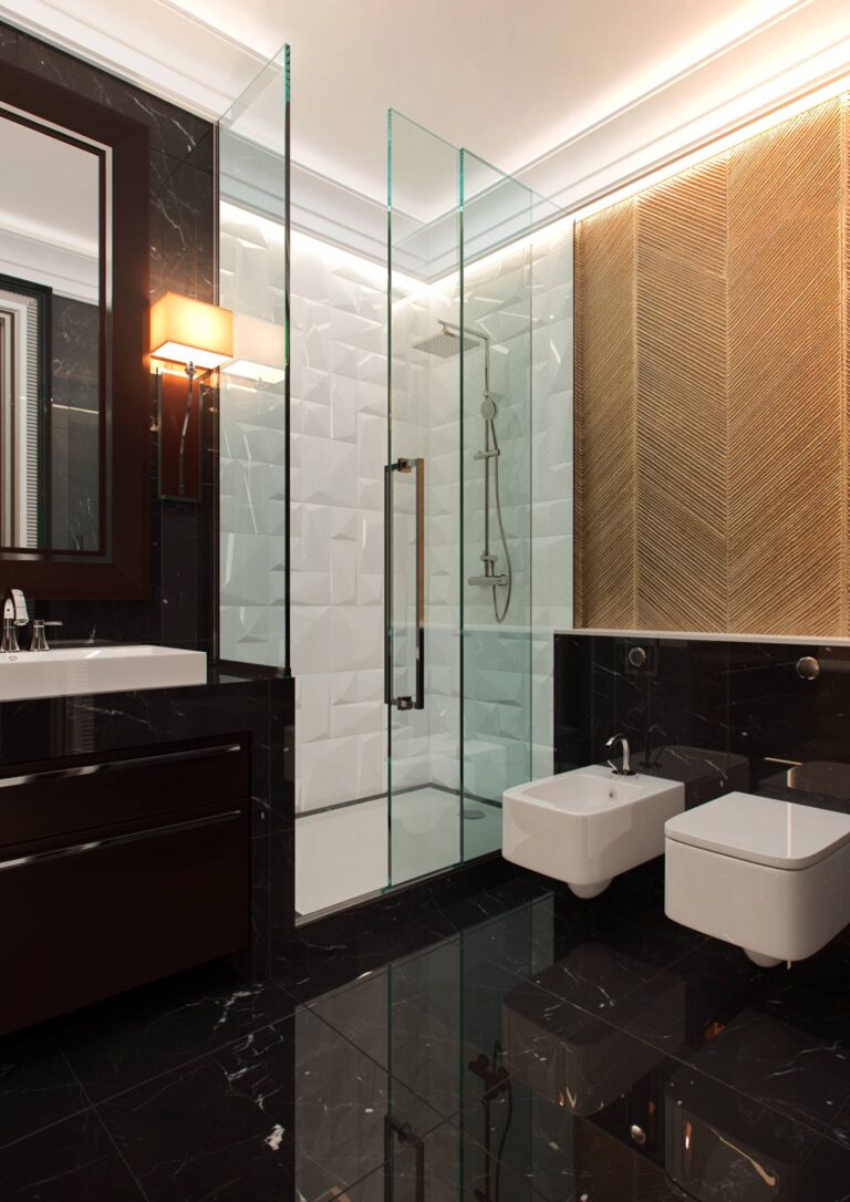 Темные тона в интерьере туалета – фото