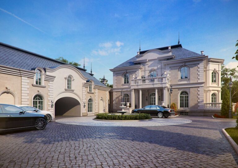 Фонтан посередине автомобильной парковки перед особняком