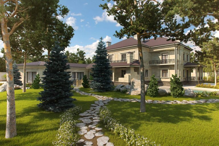 Декоративные растения и дорожки, выложенные камнем, на придомовой территории