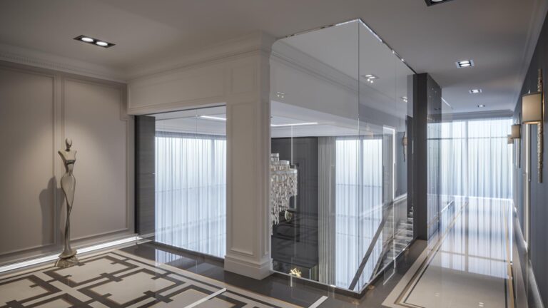 Бежевый холл с дизайнерской статуей