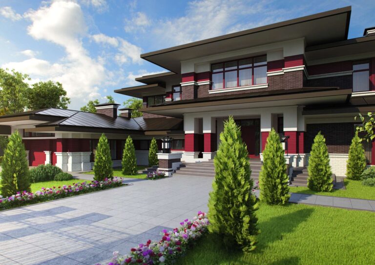 Светлый кирпич и серая штукатурка в фасаде загородного дома