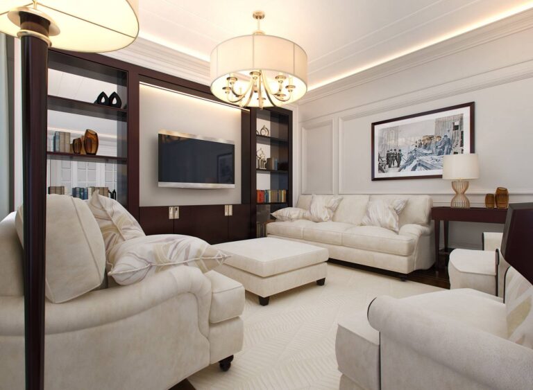 Коричневое дерево в бежевом интерьере гостиной