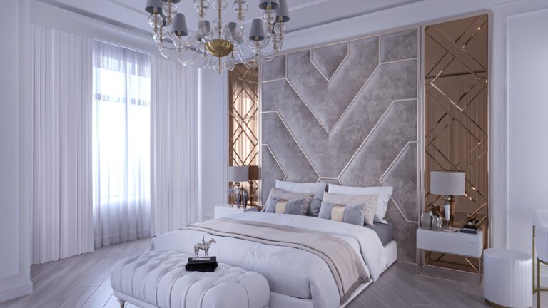 Интерьер спальни с бело-золотым декором