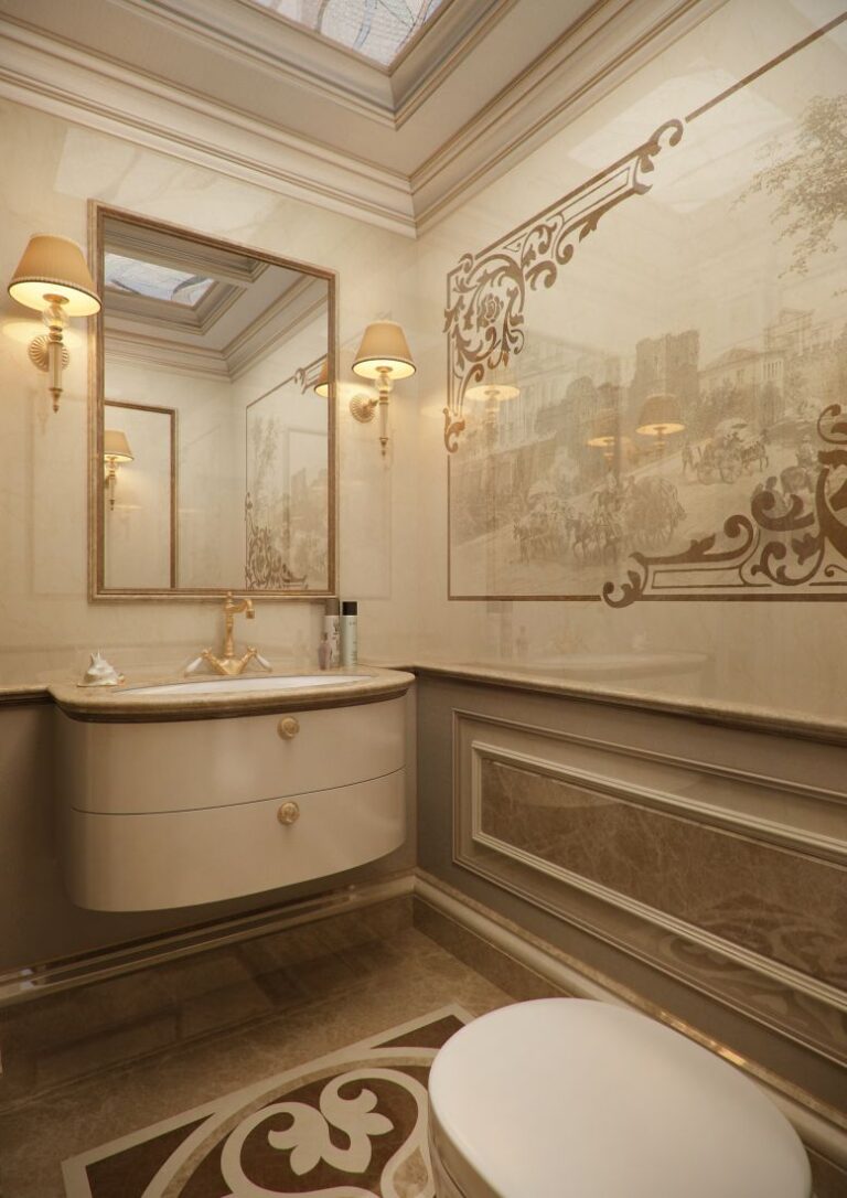 Фигурная бежевая раковина в оформлении санузла