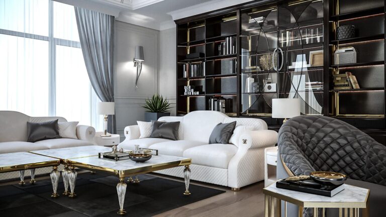 Диван в белой декорированной обивке в дизайне гостиной