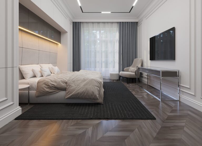 Спальня с двухцветным изголовьем и подсветкой