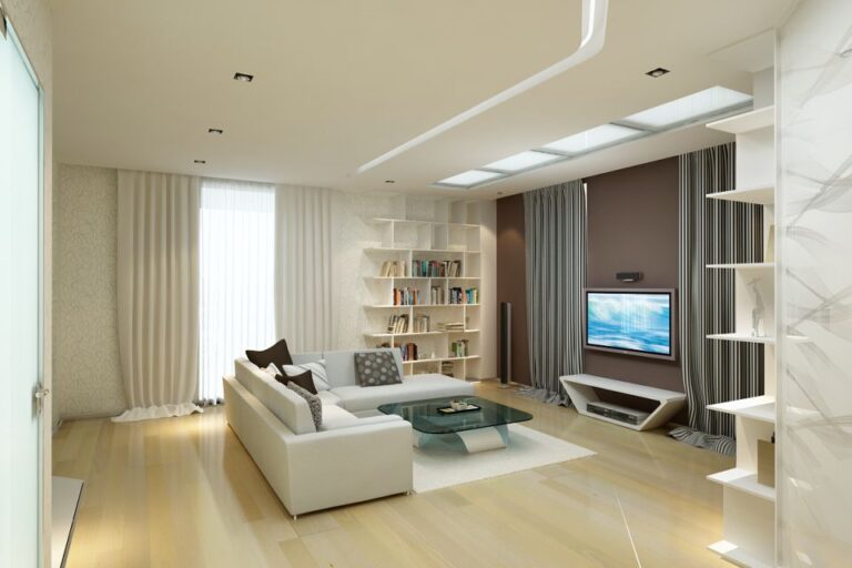 Дизайн просторной гостиной с полом из светлых досок