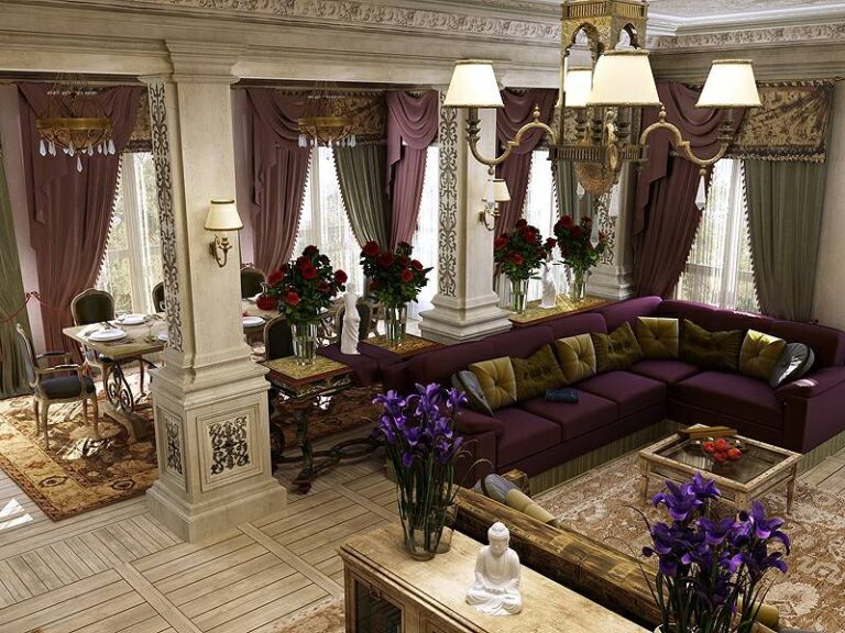 Изящный интерьер гостиной и столовой с пышными портьерами