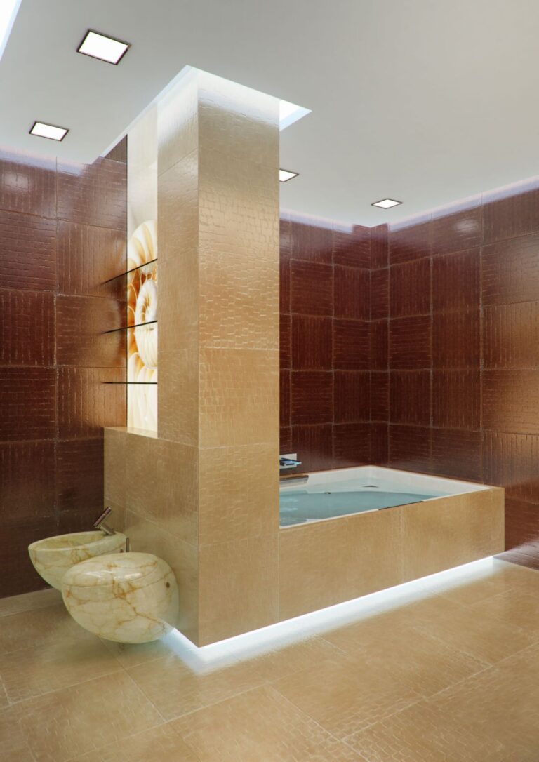 Бордовые мозаичные стены и панели с подсветкой в интерьере ванной