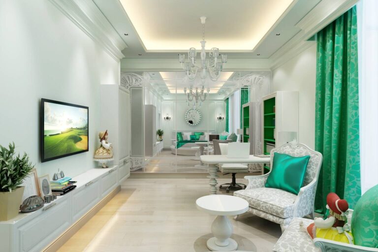 Белый интерьер спальни с изумрудным акцентом