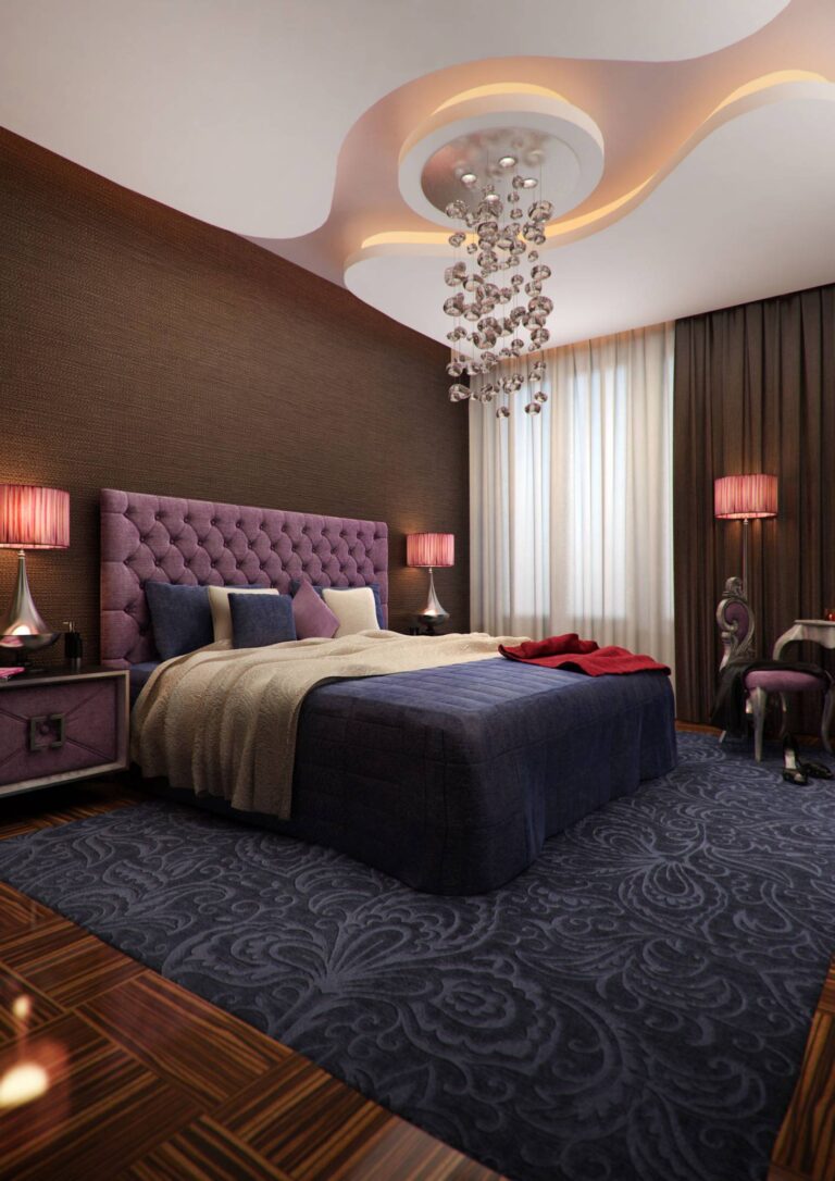 Темный интерьер спальни с сиреневой кроватью