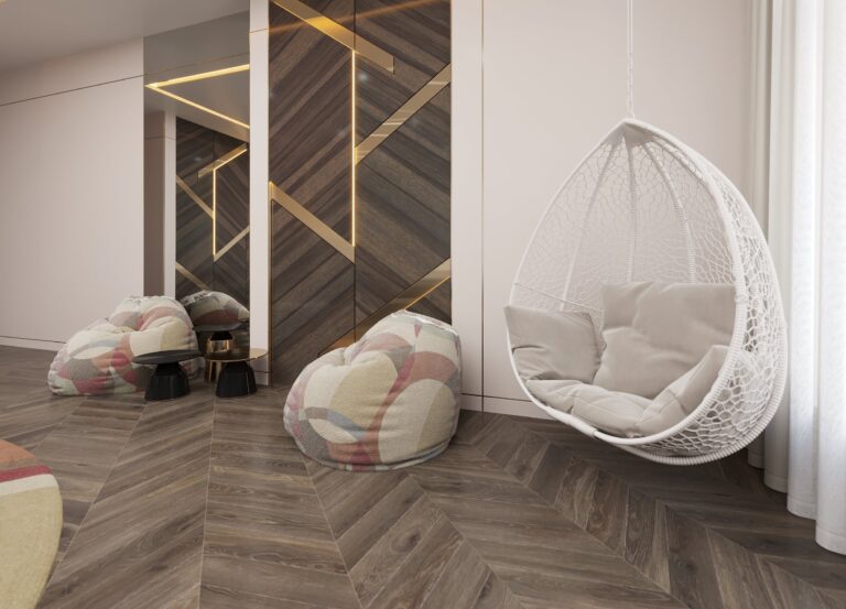 Дизайн игровой комнаты с подвесным креслом