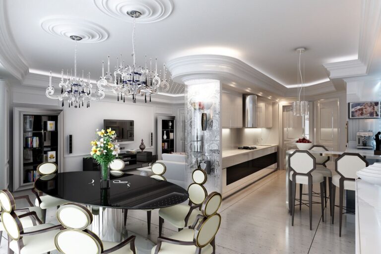 Овальный черный стол в дизайне белоснежной столовой