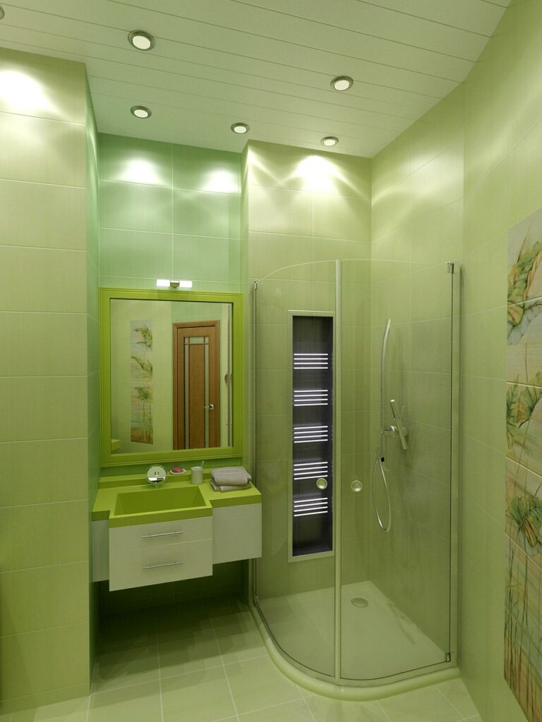 Оттенки зеленого в интерьере яркой ванной