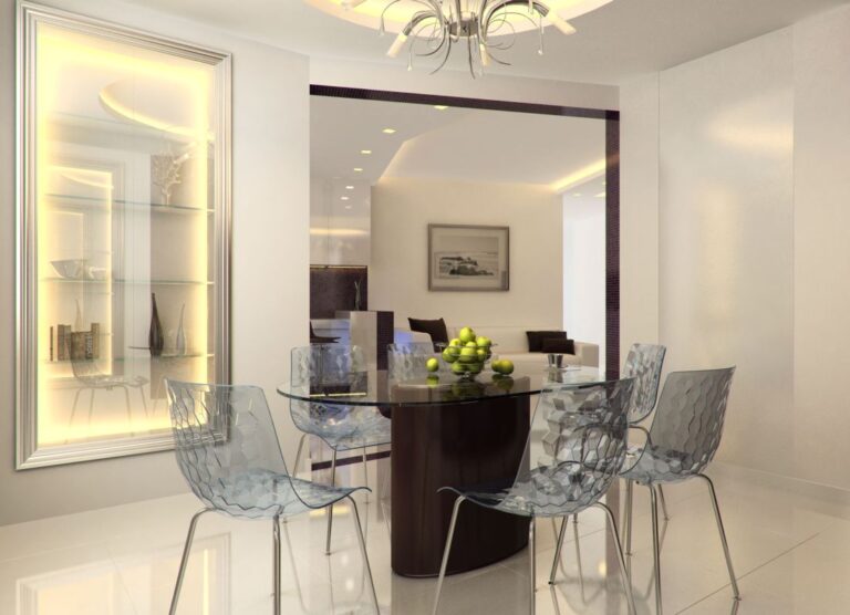 Желтая подсветка в интерьере светлой столовой