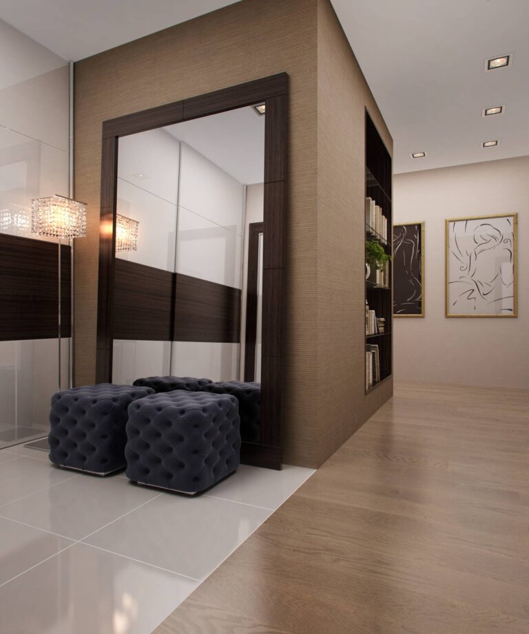 Серые пуфы со стежкой капитоне в интерьере светлой прихожей