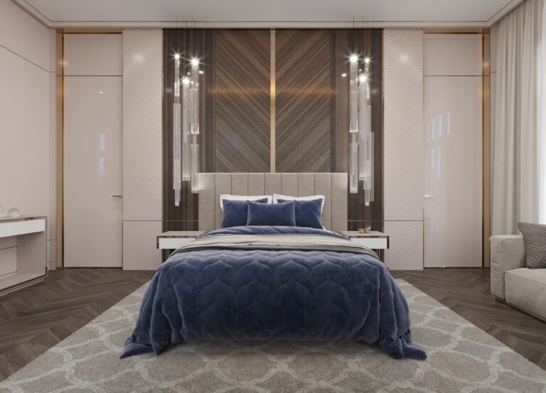 Дизайн спальни с высокими лакированными дверьми
