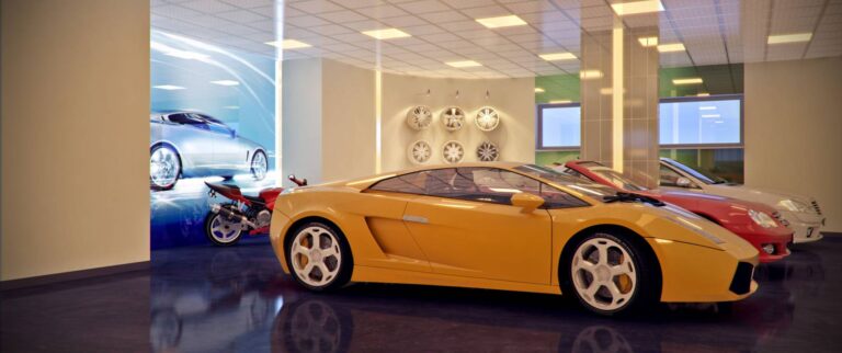 Стильный дизайн гаража с линейной подсветкой на стенах