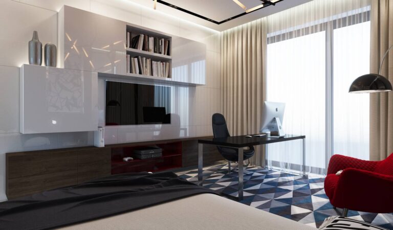 Белый, черный и бежевый цвета в интерьере современной спальни и кабинета