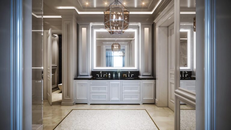 Контрастный двойной умывальник в дизайне ванной комнаты