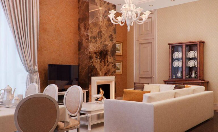 Сочетание белых и терракотовых тонов в дизайне гостиной