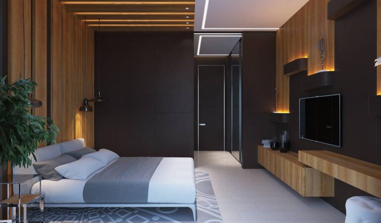 Спальня в сочетании светло-серого, темно-коричневого и орехового цветов