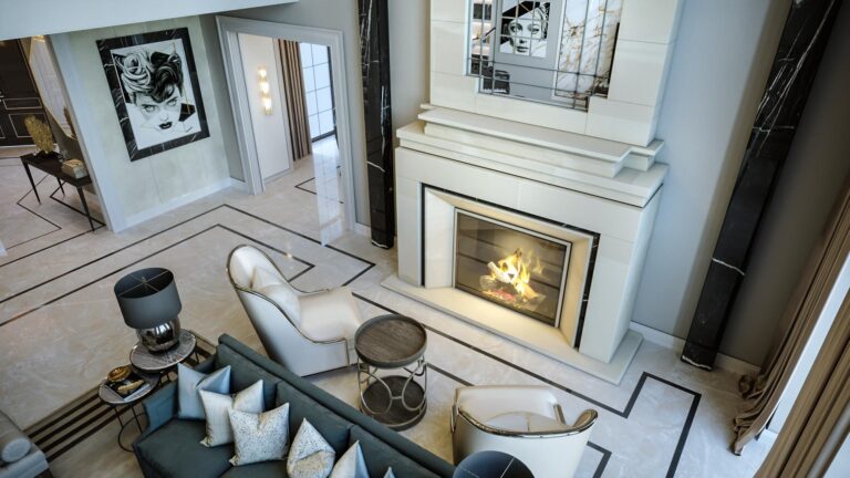 Интерьер гостиной с 2 белыми креслами и камином