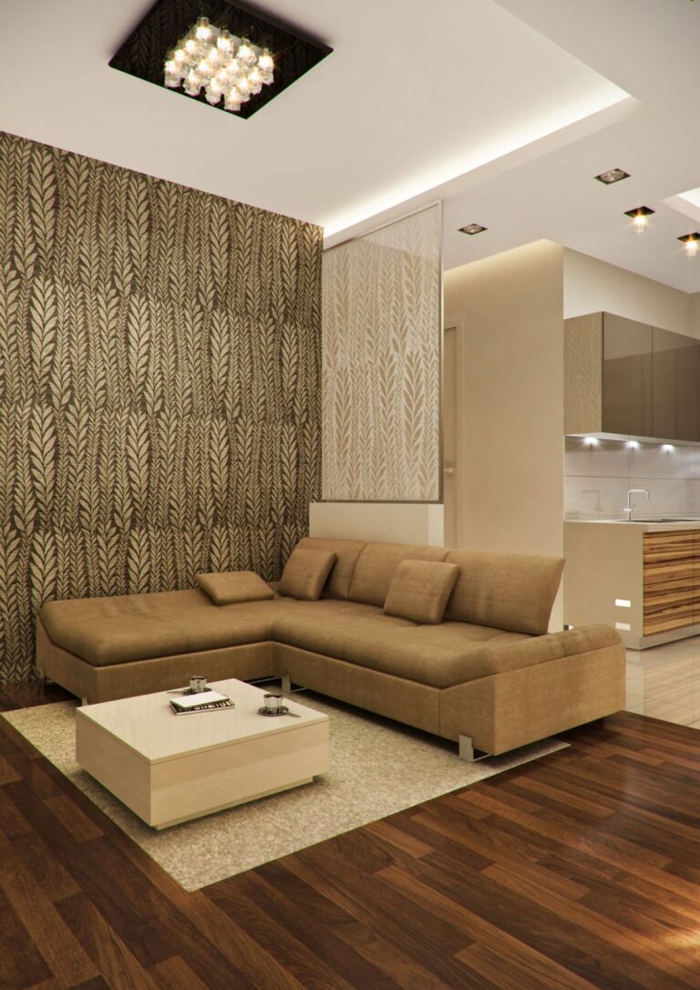 Коричнево-золотистые стены с растительным узором в интерьере гостиной