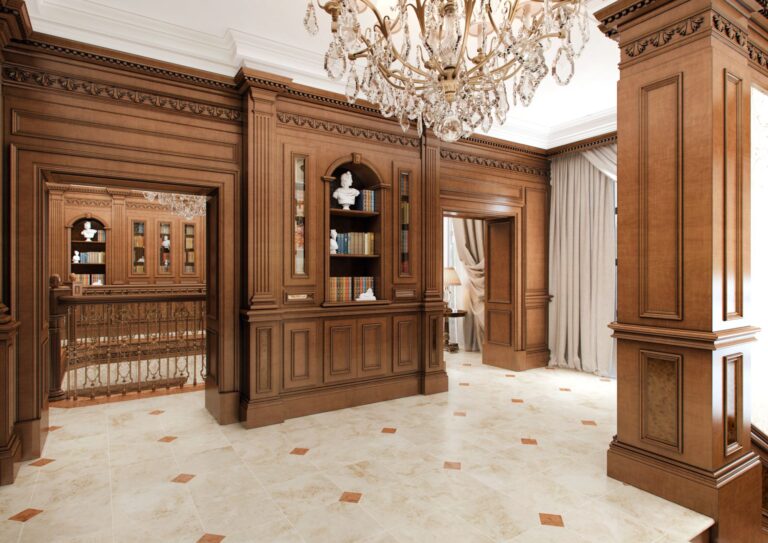 Интерьер холла со встроенным книжным шкафом с арочной нишей и застекленными боковыми дверками