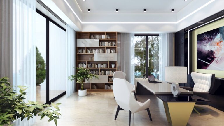 Стильный кабинет в сочетании белого, черного и песочного цветов