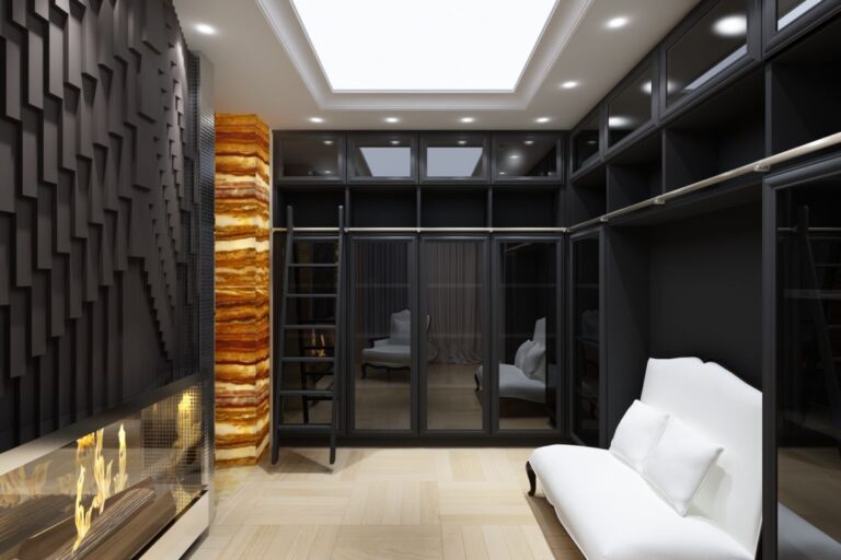 Черный цвет с серебристыми вставками в интерьере гардеробной