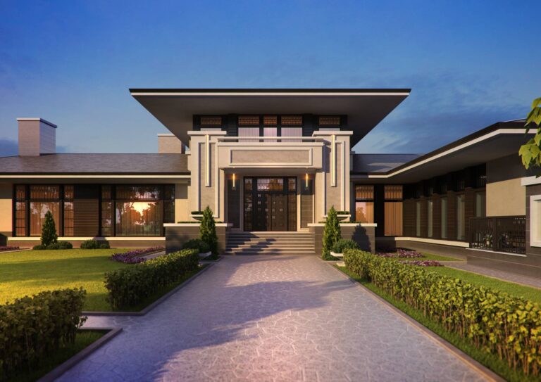 Передний фасад дома в стиле прерий в коричневом и кремовых цветах