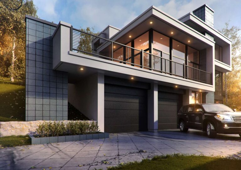 Парковка, выложенная плиткой, и гараж перед особняком