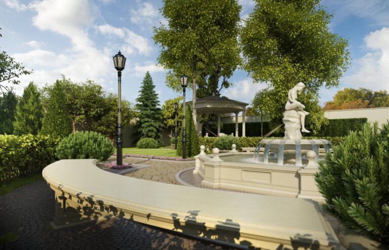 Фонтан со скульптурой, фонари и зона отдыха в ландшафтном оформлении участка