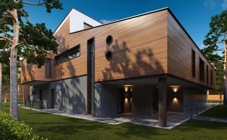 Светлое дерево и серый камень в фасаде дома с большим круглым окном