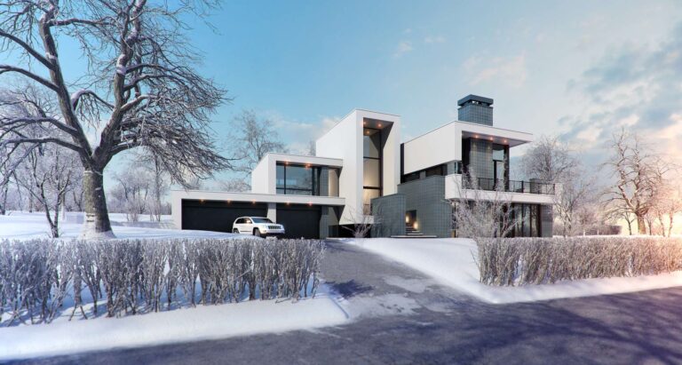 Гараж  и зона парковки с левой стороны особняка