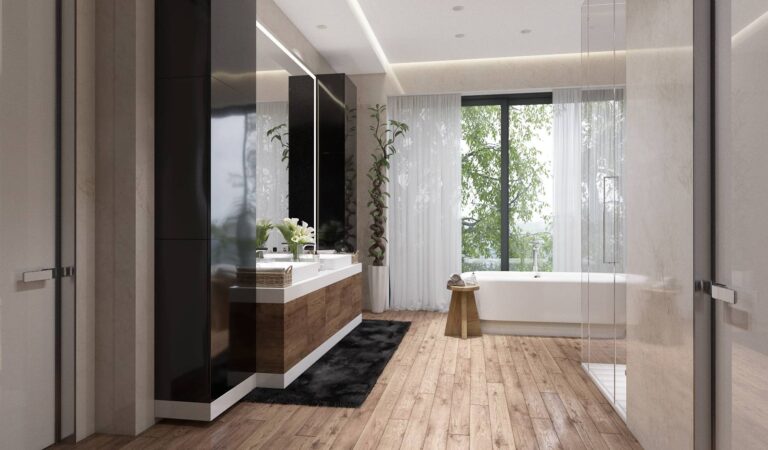 Стильный интерьер ванной комнаты с большими панорамными окнами