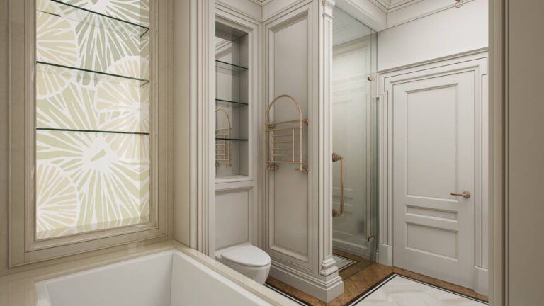 Ванная комната в коричневых, белых и бежевых тонах